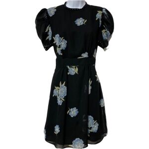 Topshop Skater Dress Bloom Floral Velvet Studded Trim Semi Sheer Puff Sleeve 6
